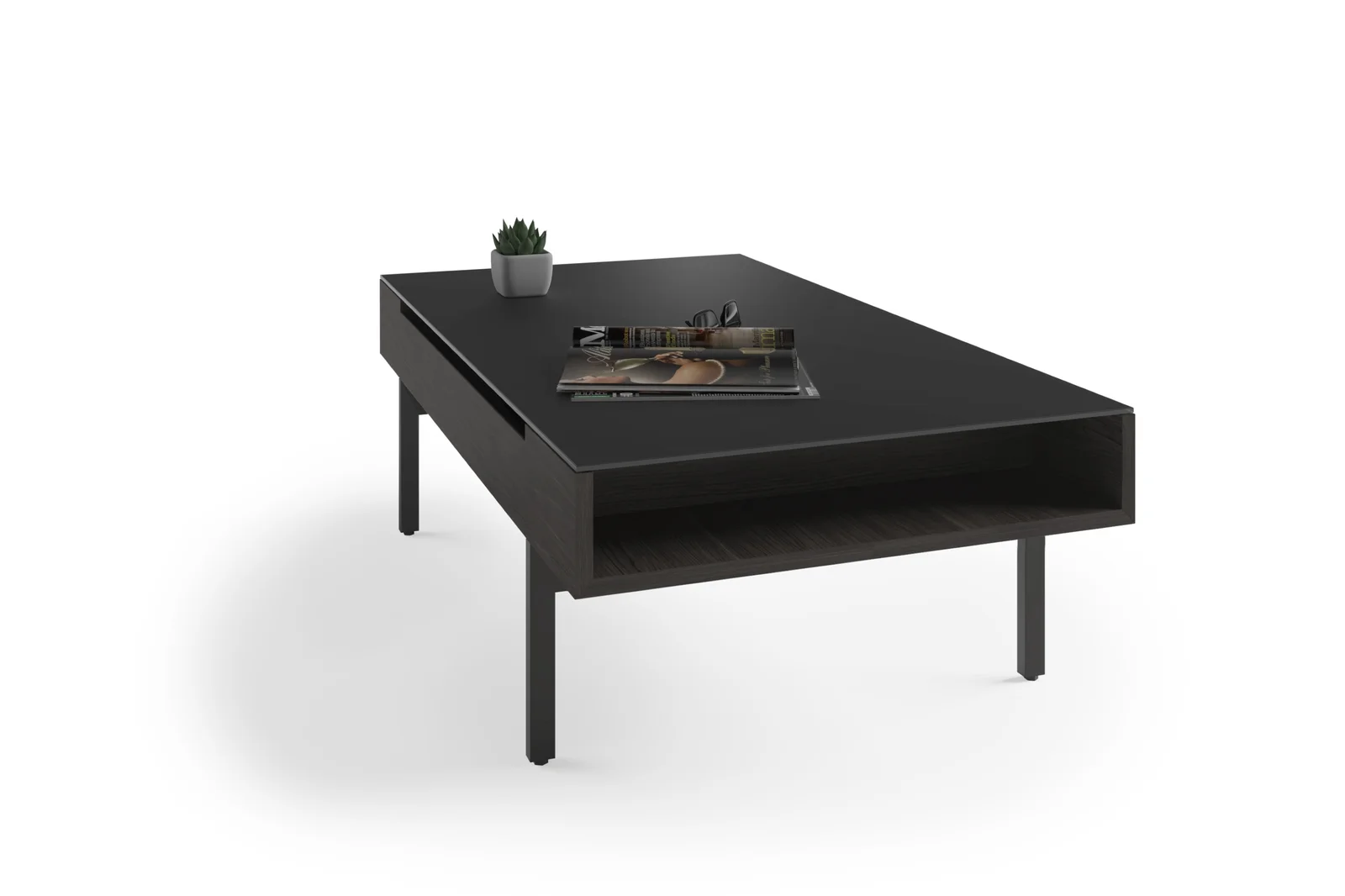 Rectangular Coffee Table With Glass Top And Solid + Manufactured Wood Steel Base